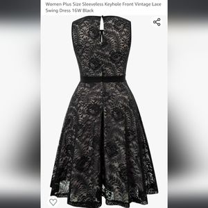 Women's Vintage Black Lace Midi Swing keyhole neck dress